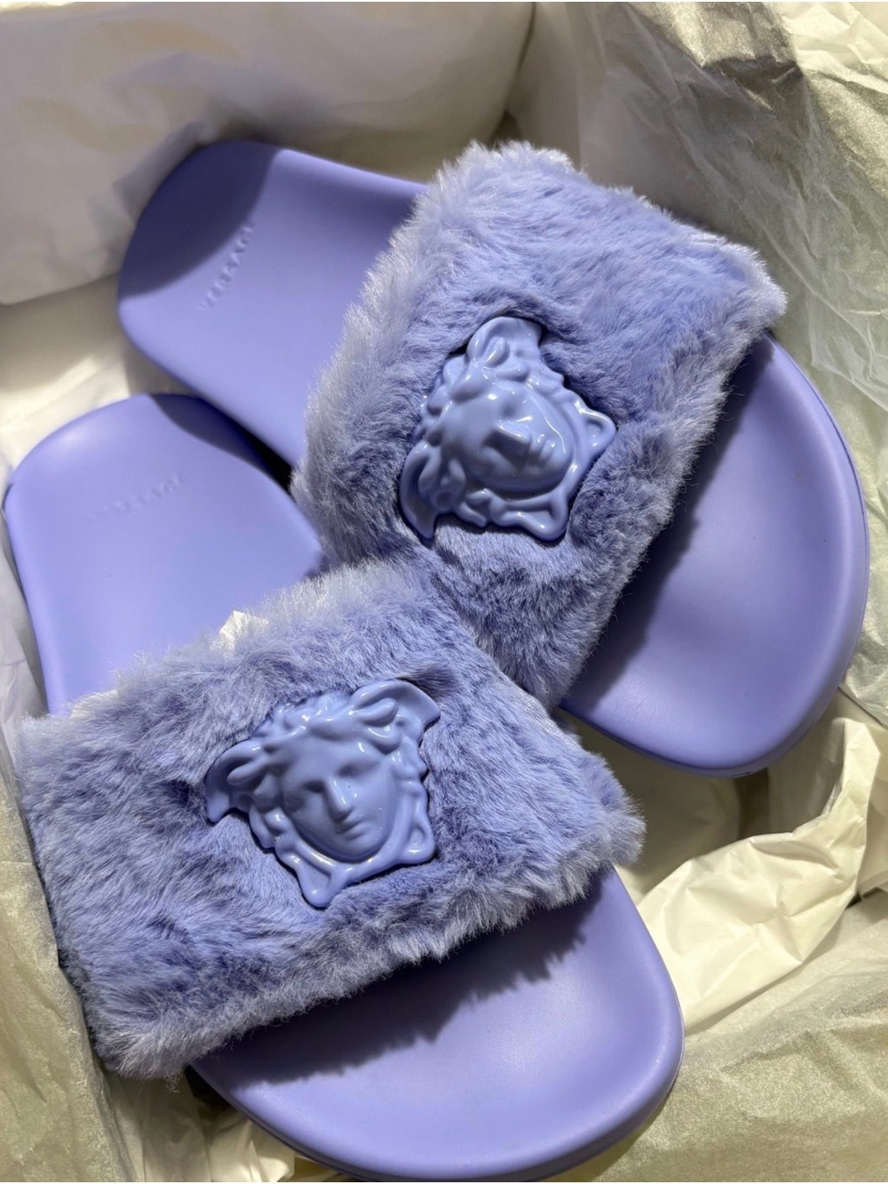 NIB- Versace Lilac Faux Fur Medusa Slide Sandals